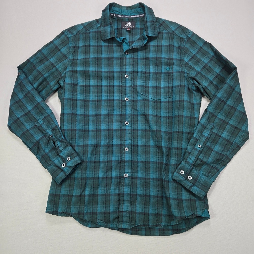 Rock & Republic Button Down Plaid Shirt Roll Tab Teal Black Mens Size Medium M